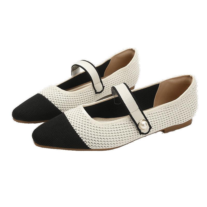 Spring and Autumn Flying Knitting One-word Buckle Mary Jane Shoes Women's Knitting Square Head Flat Bottom Single Shoes Casual
