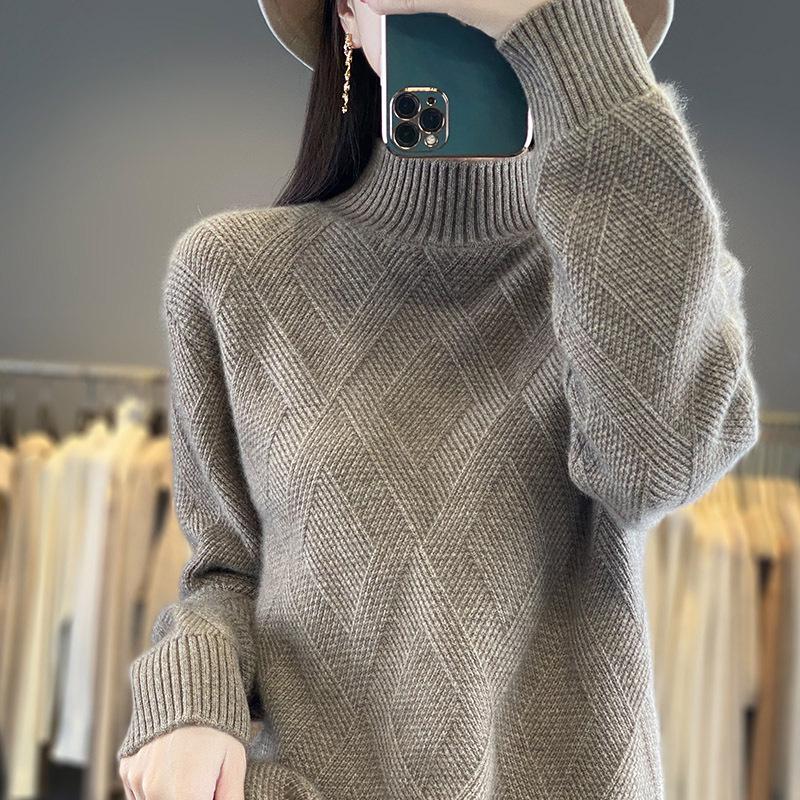 Versatile Women's Wool Sweater: Half-High Neck, Solid Color, Diamond Cable Knit, Warm & Comfortable Pullover