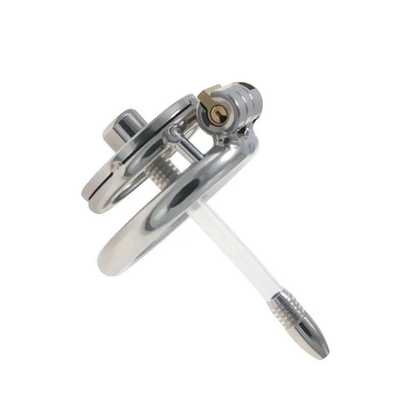 Stainless Steel Chastity Lock CB Lock for Men Penis Cage with Urinary Catheter Gay Slave Cock Ring Sex Toy Ball Stretcher