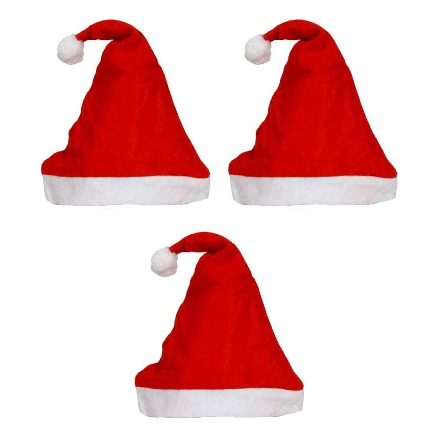 

Red White Merry Christmas Caps (Set of 3) | Santa Claus Xmas Hats for Kids Babies Adults | Free Size Santa Claus Hat for Christmas