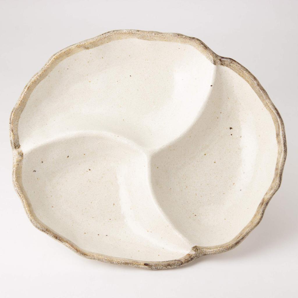 Mino Ware Partitioned Bowl, Large Appetizer Plate, White Karatsu Style, K80015