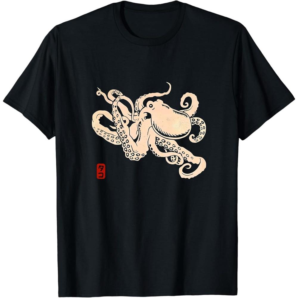 Octopus Sea Creature T Shirt Japanese Art Graphic Printed Unisex Tee M чёрный