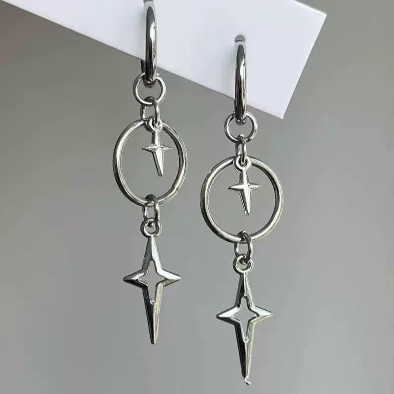 Punk Rock Pointed Star Moon Pendant Earrings for Women Men Hiphop Geometric Metal Circular Ear Buckle Earrings Gothic Jewelry