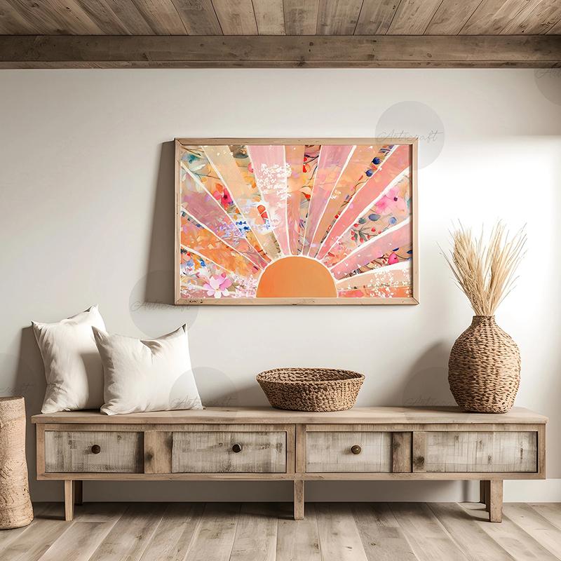 Boho Sun Print, Boho Orange & Blush Sun, Watercolor Printable Floral Sun, Abstract Sunrise Wall Art Decor, Midcentury Modern Art 21X30CMNo Framed