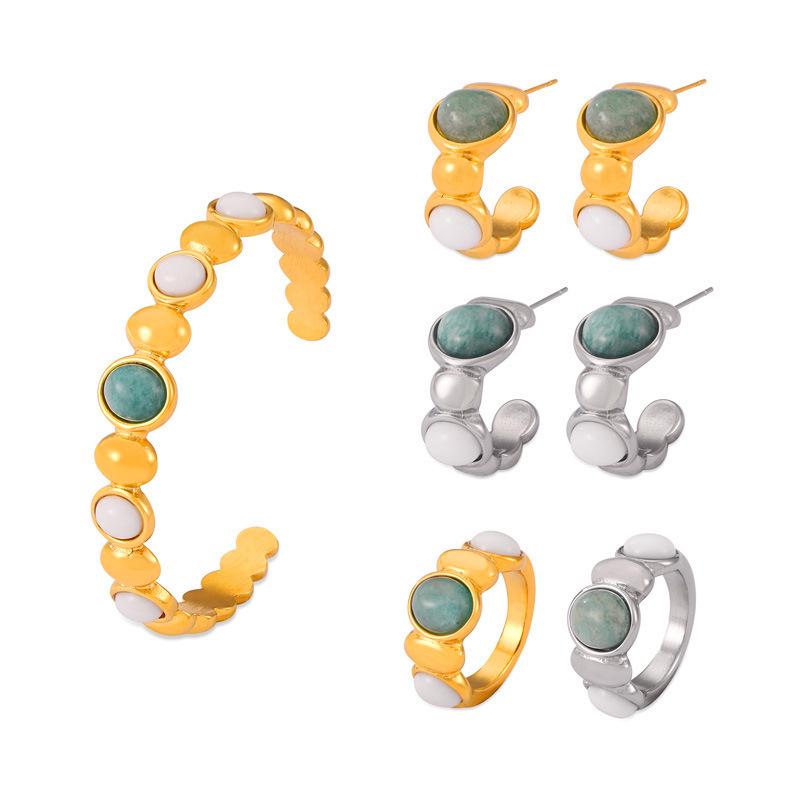 Retro Oval Stone Open Bangle & Gold-Plated Titanium Steel Earring Set for Women