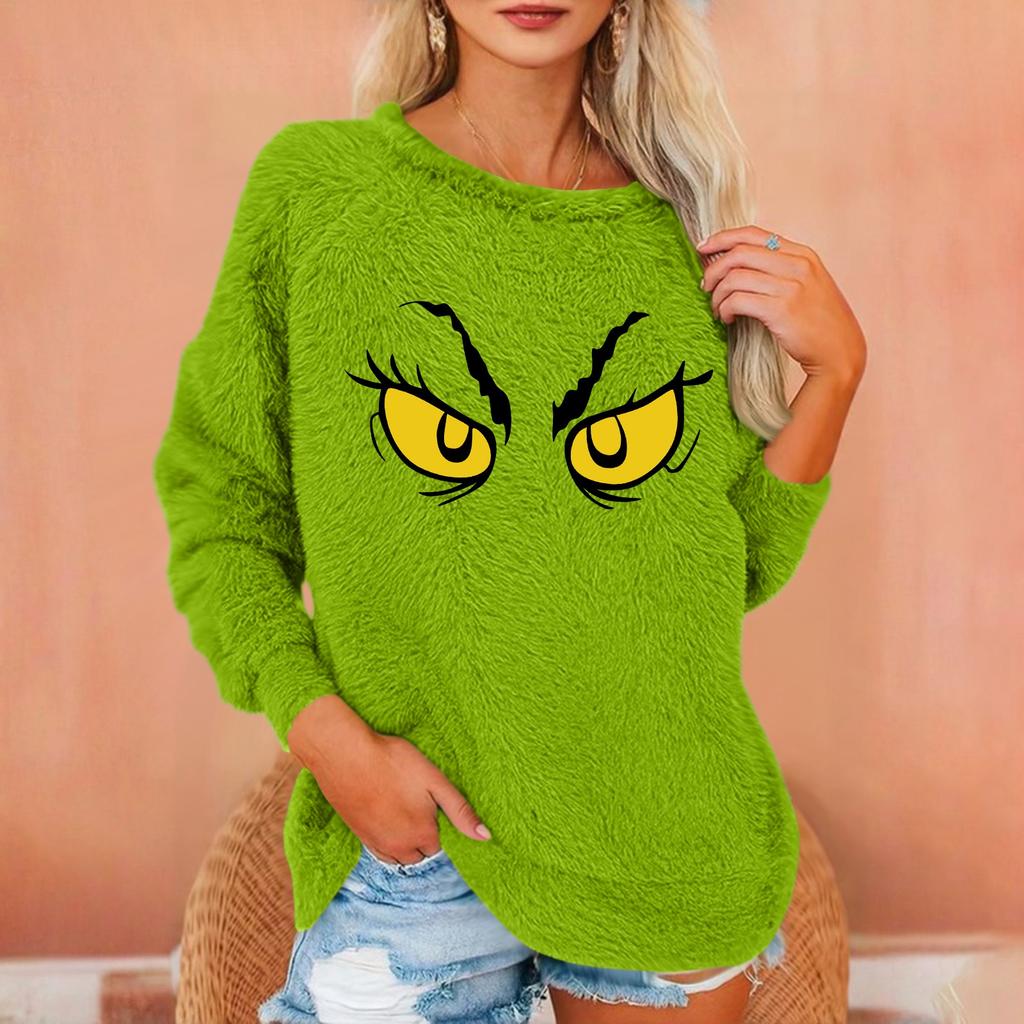 Women's Fashionable Round Neck Long Sleeved Christmas Printed Loose Plush Warm Pullover Top