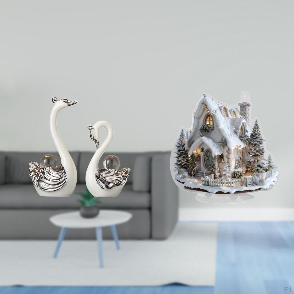 Porcelain Swan Figurine And Acrylic Snow House Statue Collection for Living Room Bedroom Desktop