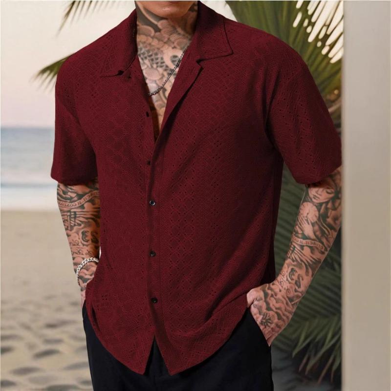 Spring Popular Men's Hollow Jacquard Short Sleeve Shirt Versatile Casual Breathable Comfortable Top
