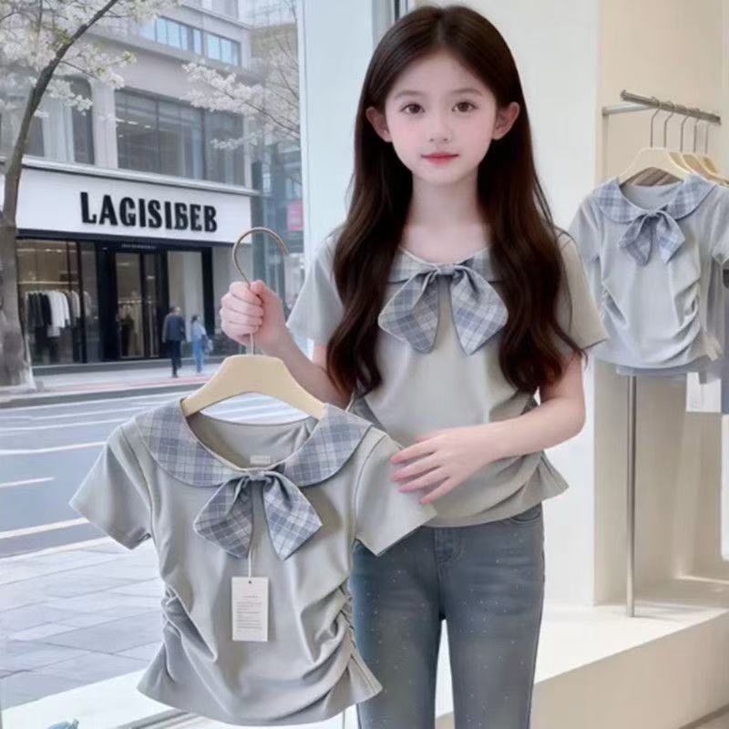 Girls Plaid Short Sleeve T Shirt Peter Pan Collar Bow Tie Fashionable Casual Top for Big Kids