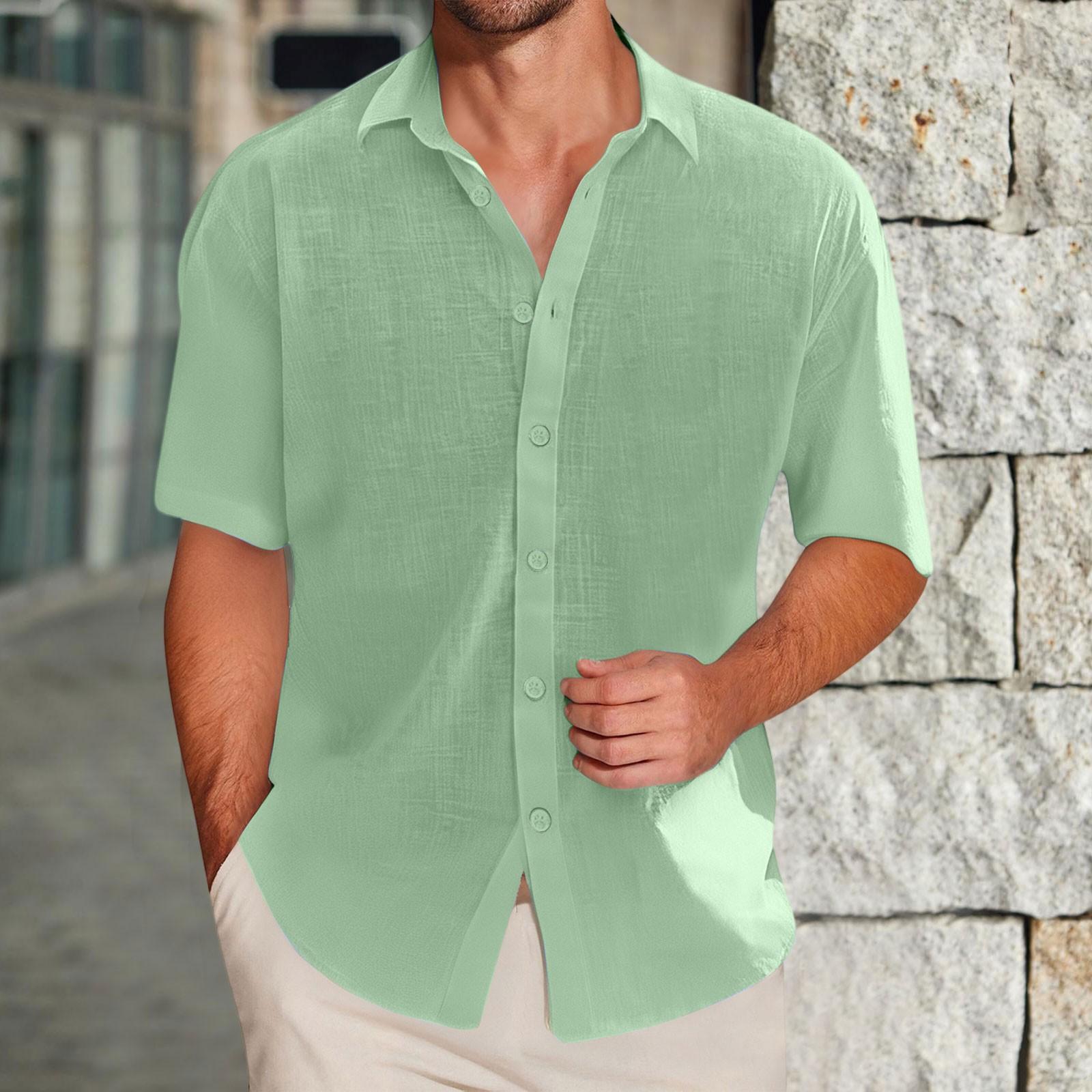 

Men s Cotton-Linen Casual Short-Sleeve Shirt - Spread Collar, Color, Button-Down, Breathable XXL зелёный