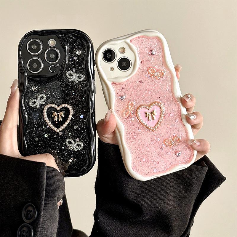 Cream Wind Ins Phone Case for IPhone17 Promax Bow Tie Love for Apple 15 Sparkling Pink Glitter 8 Fine Holes