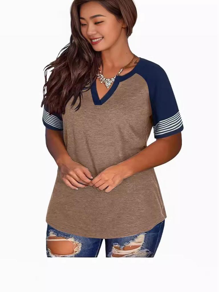 2024 Euro-America V-Neck Color Block Short Sleeve Loose Top
