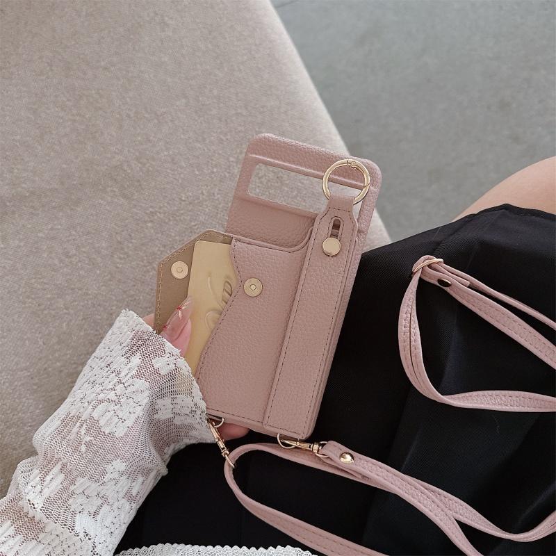 For Google Pixel 8 9 10 Pro XL Case PU Leather Wristlet Card Bag Grip Strap Shoulder Long Crossbody Lanyard Ring Clasp Cover