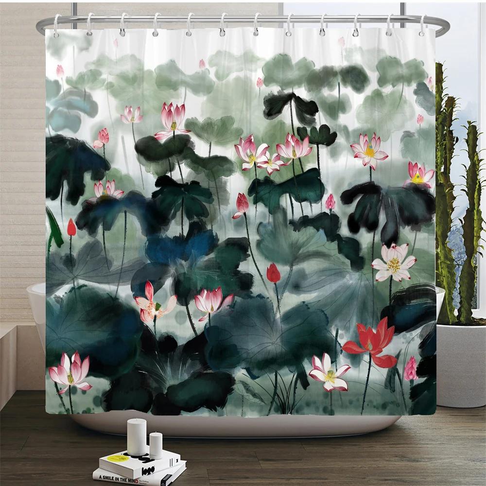Chinese Flower Bird Shower Curtains Set Printing Waterproof Polyester Leaves Shower Curtains Bathroom Home Decor Mat 180x200CM