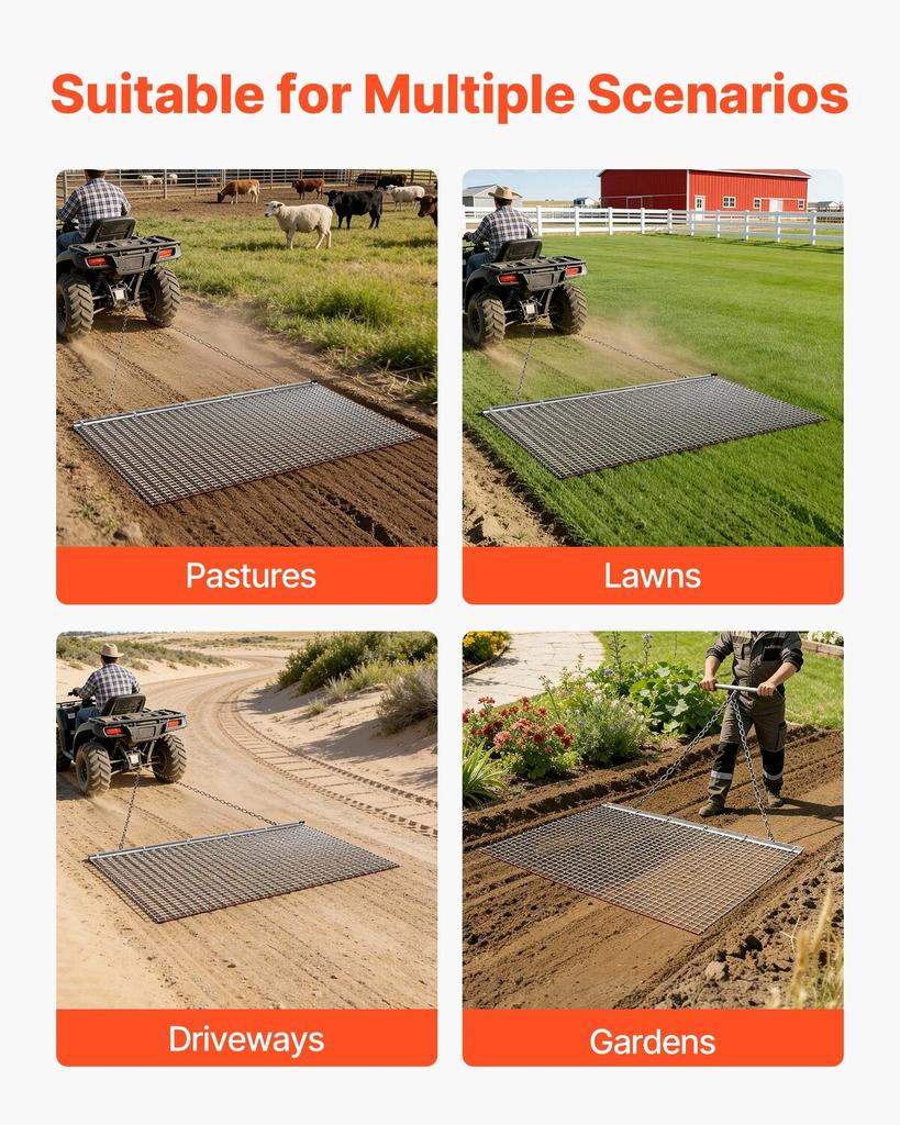 Drag Harrow, 1.8x0.9 M, High-Efficiency Chain Harrow Rake, ATVs UTVs Tractors Attachments, Durable Galvanized Steel Mesh Drag Mat with Towing Chain,