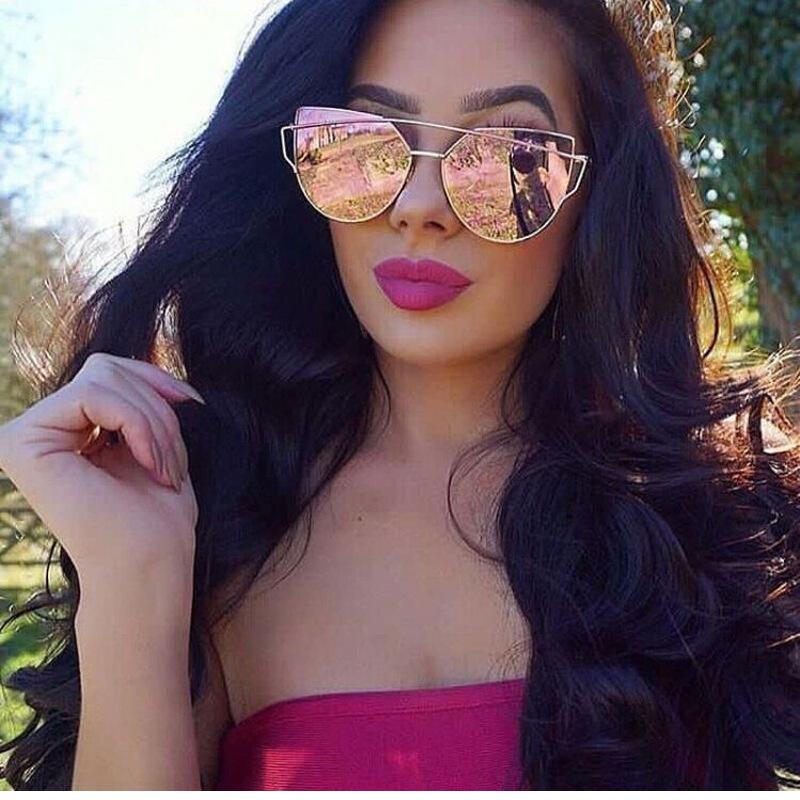 Vintage Cat Eye Sunglasses Rose Gold Mirror Woman's Sunglasses Metal Reflective Flat Lens Tourism Sunglasses Multi-color