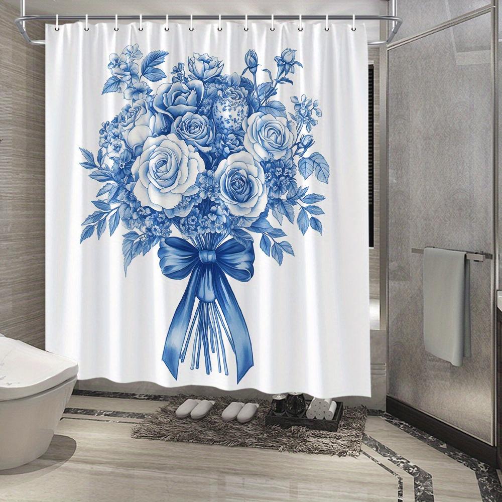 

1Pc Blue And White Bouquet Shower Curtain Featuring Intricate Digital Drawing Of Roses, Blossoms, And Foliage Tied With A Blue W60H190(CM)-1 Pcs