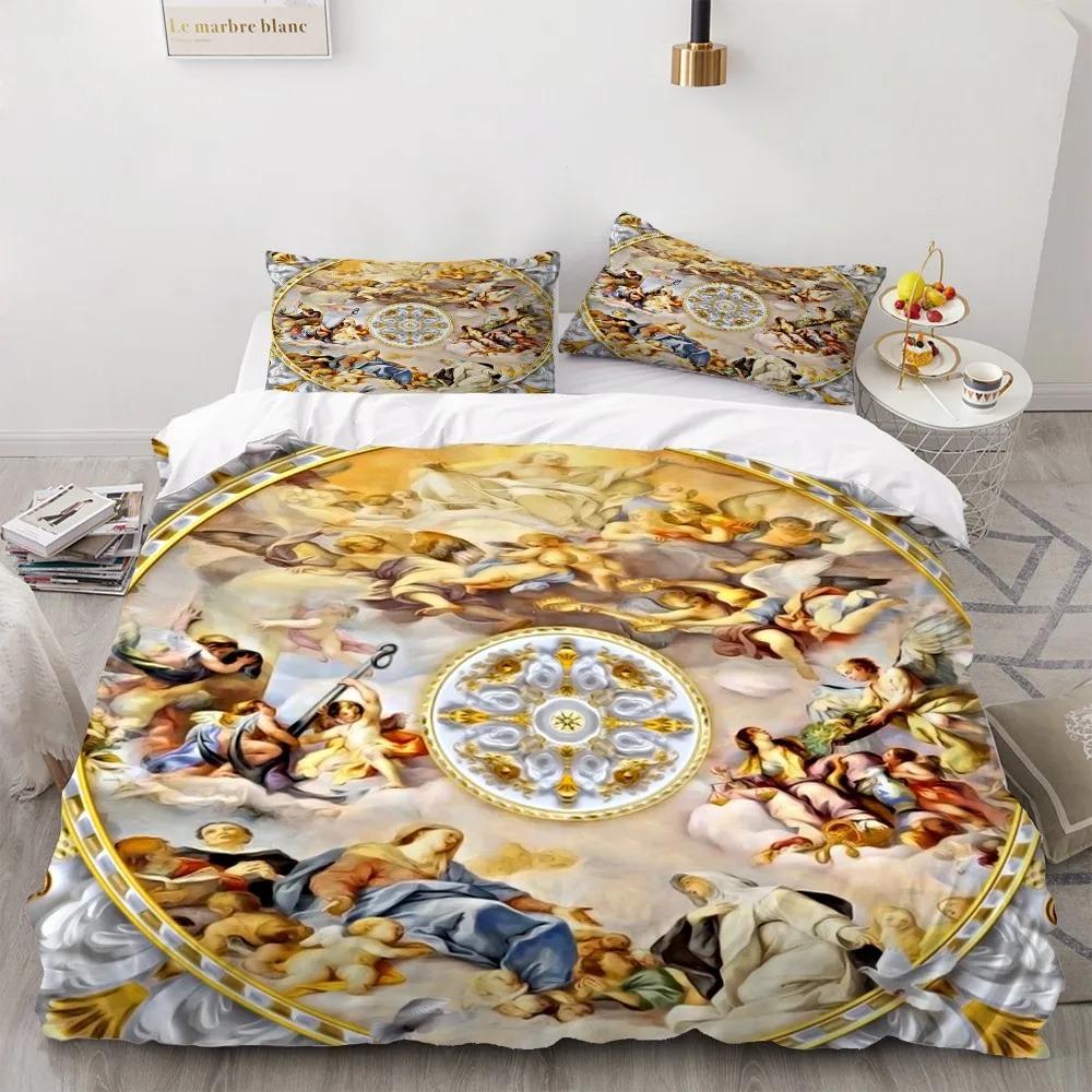 Set Letto 2/3 Pezzi Pittura ad Olio Angelo Arte Antica Copripiumino Cartone Animato Caldo Copripiumino per Letto Camera da Letto Bambini Set Copriletto Verde