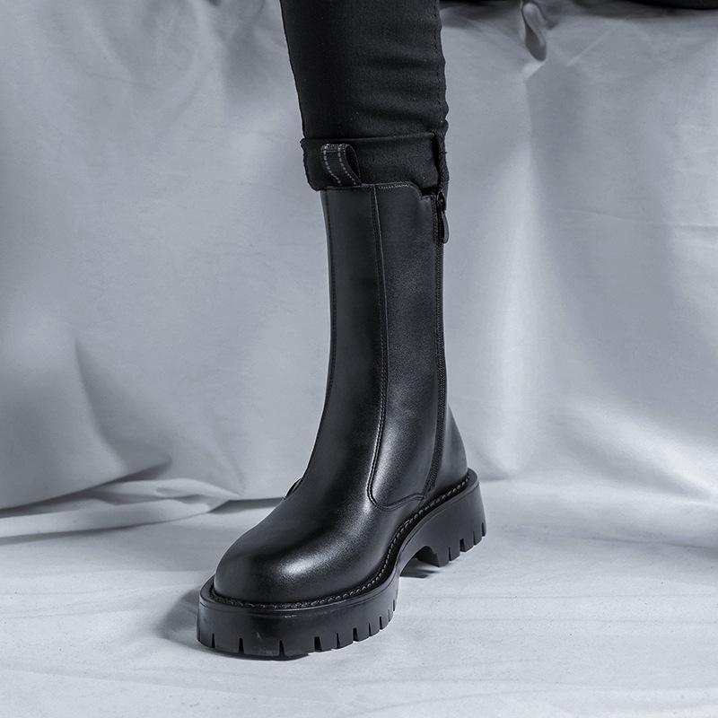 Autumn/Winter Men's High-Top Slip-On Chelsea Boots - Thick-Sole Outdoor Casual Leather, British Style Fashion.