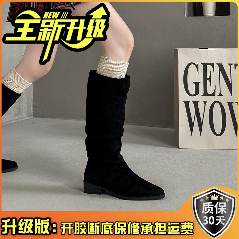 Retro simple women's cowboy boots spring and summer pointed pleated leather boots stacking boots thick heel high boots knight boots