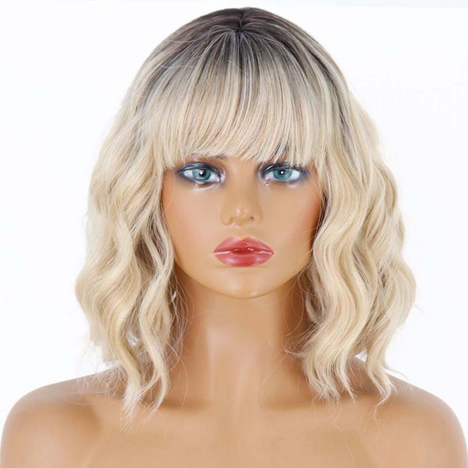 MERISIHAIR Short Wavy Wig with Bangs Synthetic Fiber Water Wave Ombre Light Blonde Wig for Women Daily Wear Cosplay
