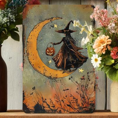 Letrero metálico antiguo de Halloween de una bruja sentada en la luna decoración de arte de pared de hierro forjado para hogar, cafetería, garaje, biblioteca, club