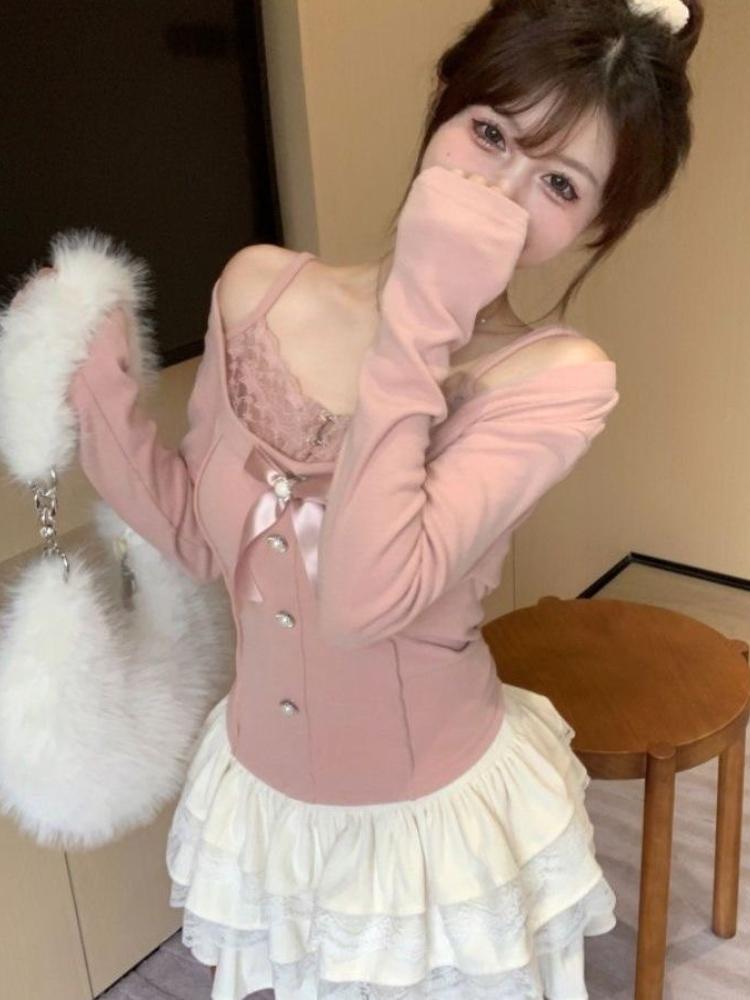 Camisetas Vintage Mori Girl Falsas Duas Peças Mulheres Renda Patchwork Doce Laço Croppeds Estética Feminina Sólida Kawaii Pulôver Novo