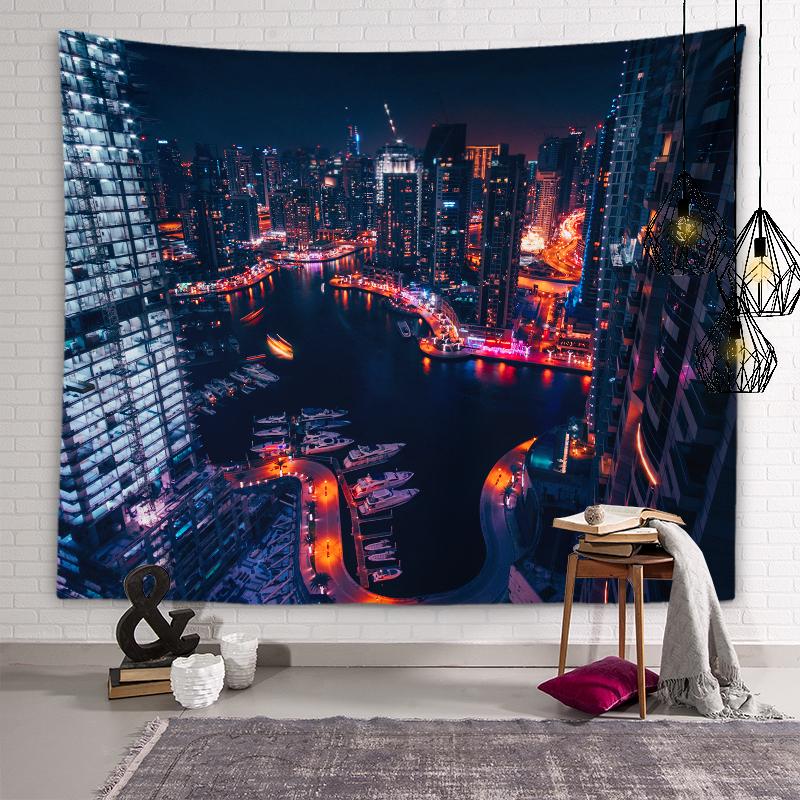 Stadt-Nachtansicht-Wandteppich, Nachtbeleuchtung, ästhetischer Wandteppich, Weltlandschaftlicher Ort, Stadtgebäude-Wandteppich, Wohnzimmer-Heimdekoration