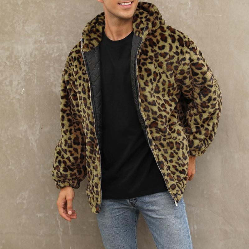 Fashion Warm Winter Jacket Men coat woman Hooded faux Fur Leopard Casual Slim Parka Men's Winter Coat