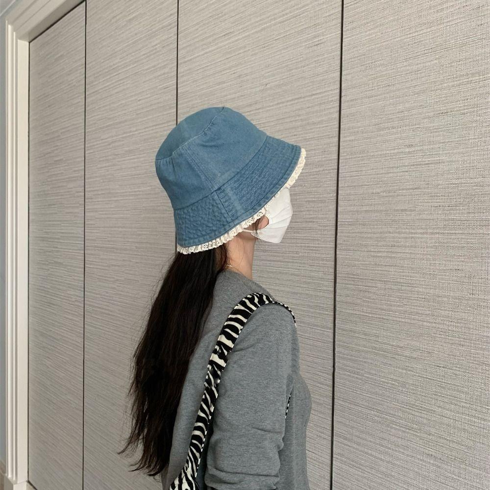 Big Brimmed Lace Fisherman Hat Y2K Panama Hat Fashion Denim Bucket Hat  Lady