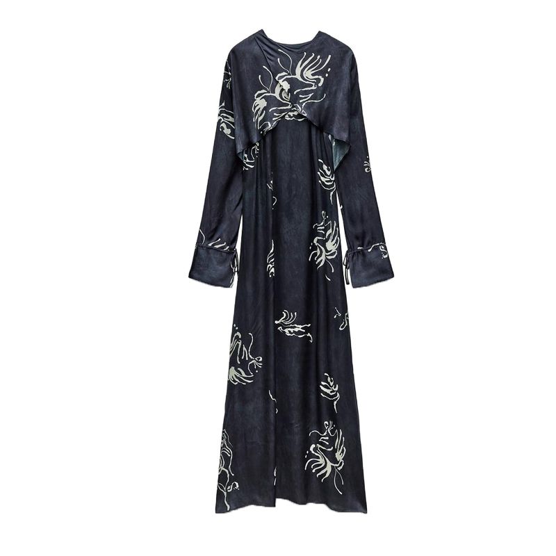 

Spring New Women clothes Commuter Casual Fashion Midi round Neck Print Dress 8788064 Sea Blue L