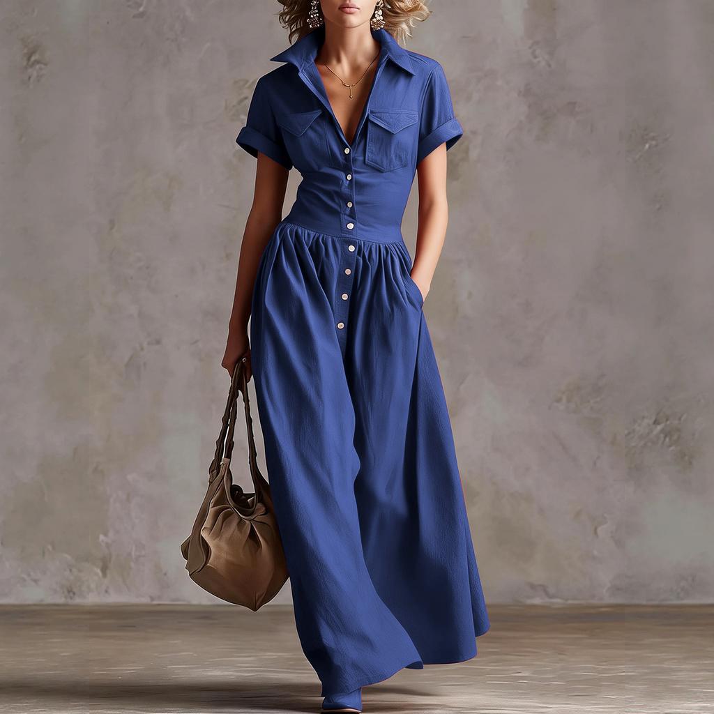 Vestido Largo Estilo Vintage para Mujer con Botones Delanteros, Manga Corta, Cuello, Casual, Maxi Vestido con Diseño Occidental y Detalle de Bolsillo