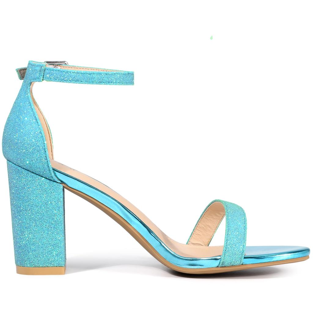 Allegra K Women's Ankle Strap Sandals with Shiny Chunky Heels, Summer Shoes, Blue, Size 25.0cm
