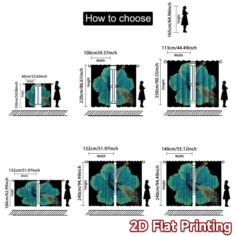 Set Of 2 Flat Printing Curtains Without Rod Floral Peacock Design Holiday Ramadan Printed Durable Polyester Curtain Made