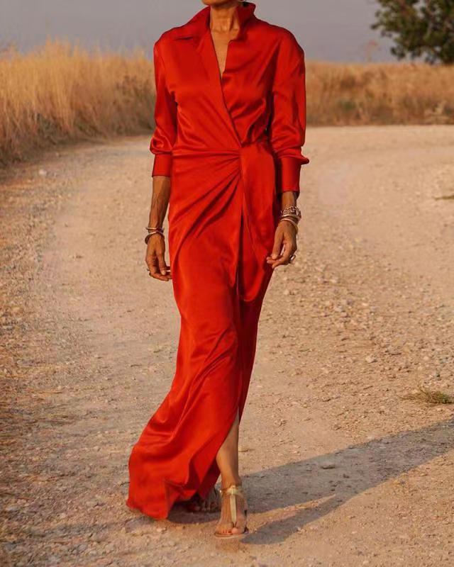 

2022 Autumn European & American High Waist Slit Floor-Length Long Sleeve Lapel Dress 3XL червоний
