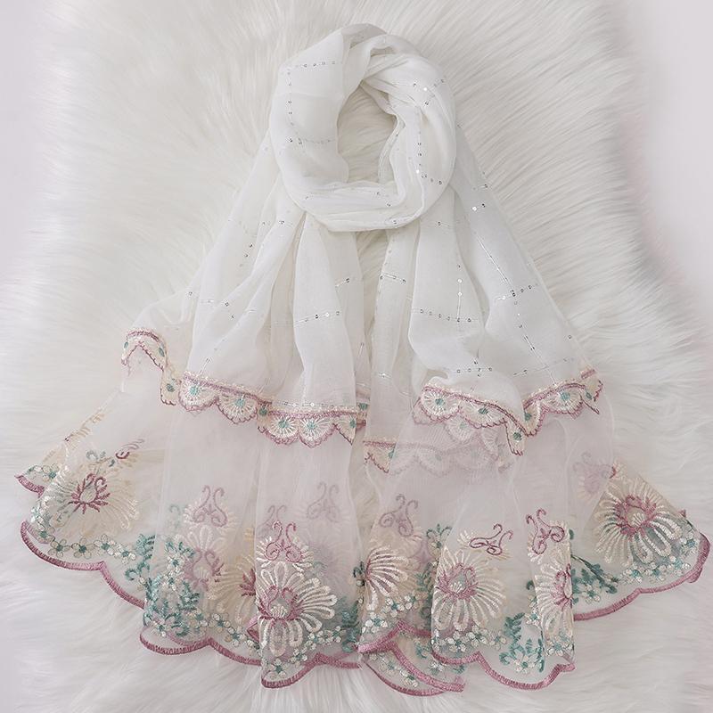 Glitter Scarf Islamic Long Shawls Wraps Luxury Flower Headscarf Headband New Embroidered Lace Sequins Hijab Stitching Splicing
