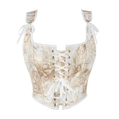 Womens Sexy Bustier Corset Top Eyelet Lace-up Floral Print Push Up Crop Tops Vintage Tank Top Party Clubwear Bodice