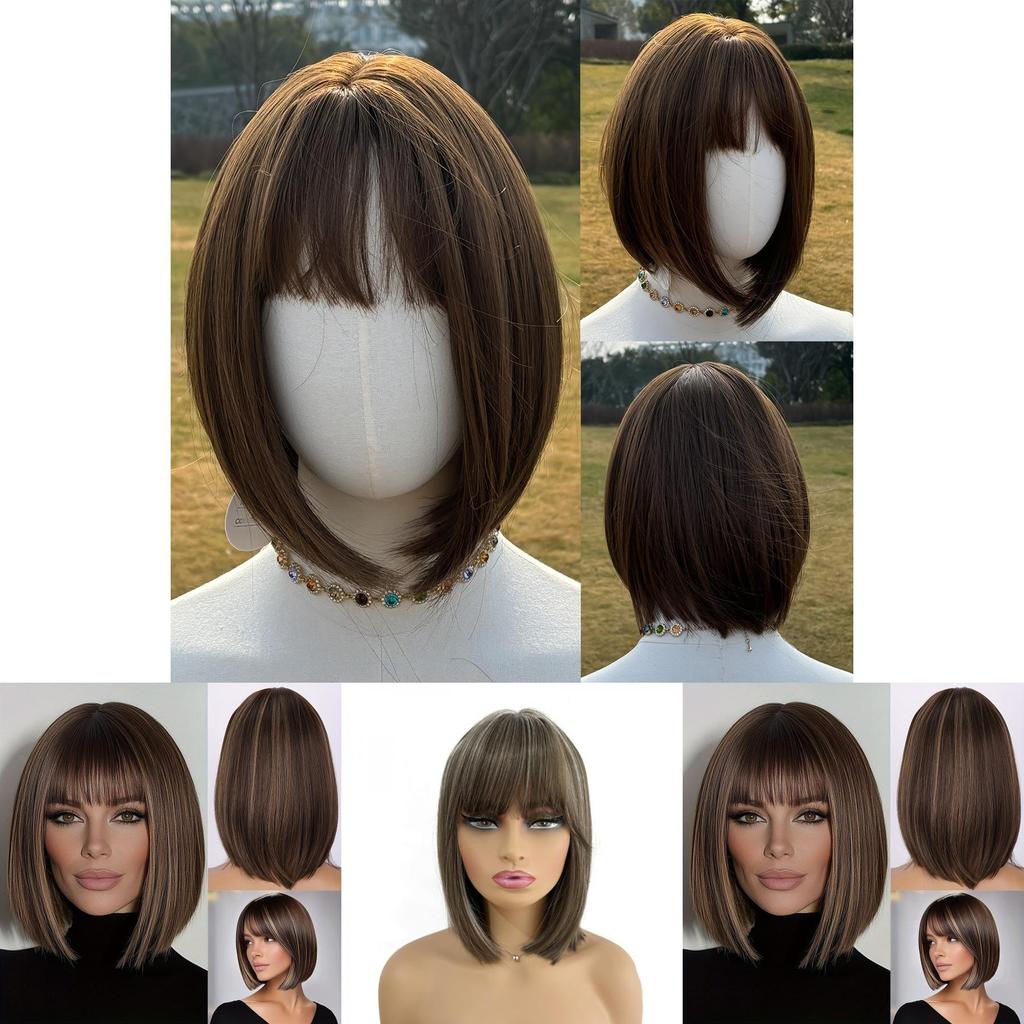 Short Brown Wig With Bangs For Women Hightemperature Fiber For Stylish Looks