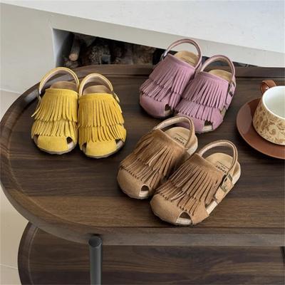 Genuine Leather Summer Kids Sandals For Girls Tassels Closed Toe Kids Shoes Non-slip Fashion Toddler Children Beach Sandals