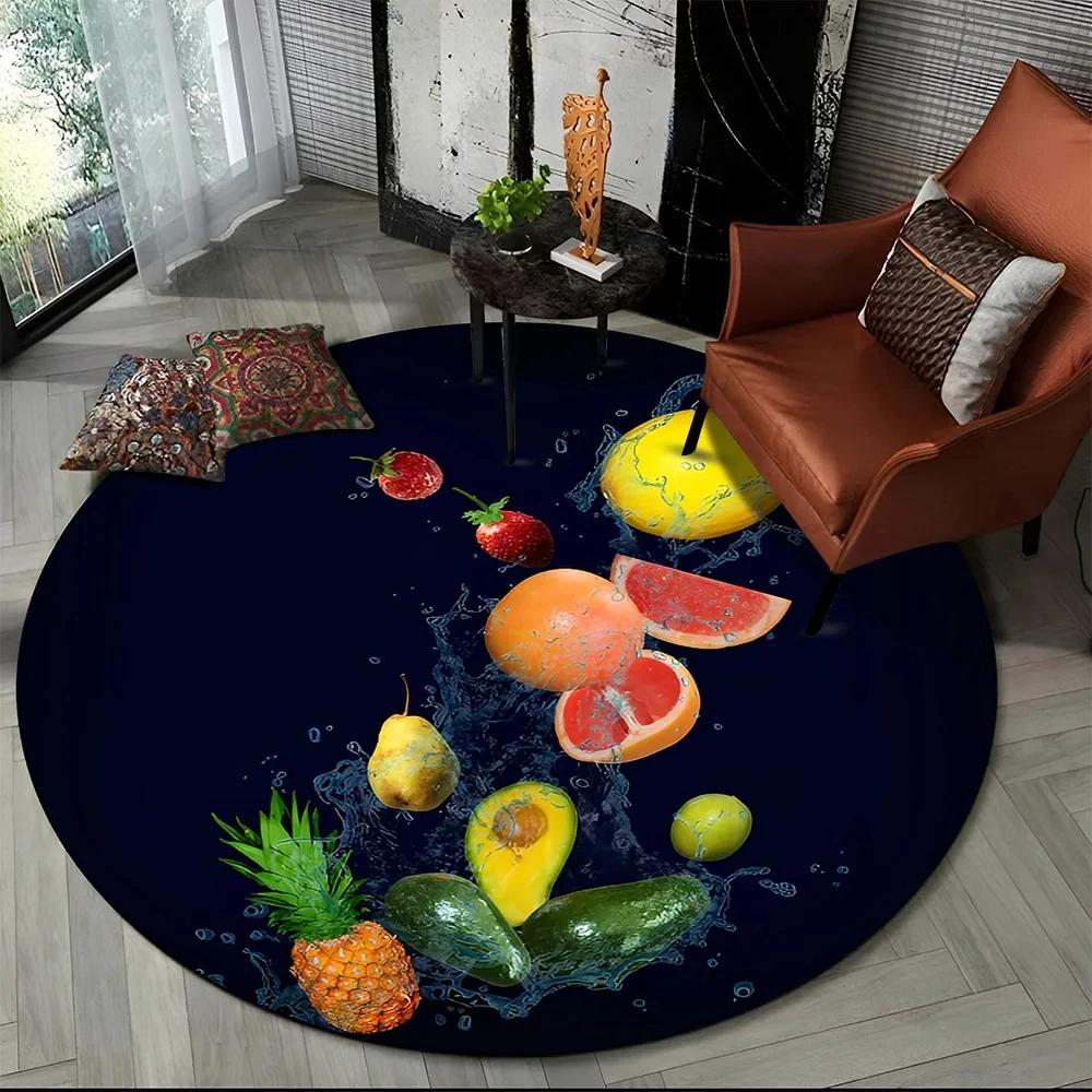 3D Niedlicher Tropenfrucht-Druck Runder Teppich Cartoon Früchte Teppich für Wohnzimmer Schlafzimmer Spielzimmer Badezimmer Dekor Rutschfeste Bodenmatte