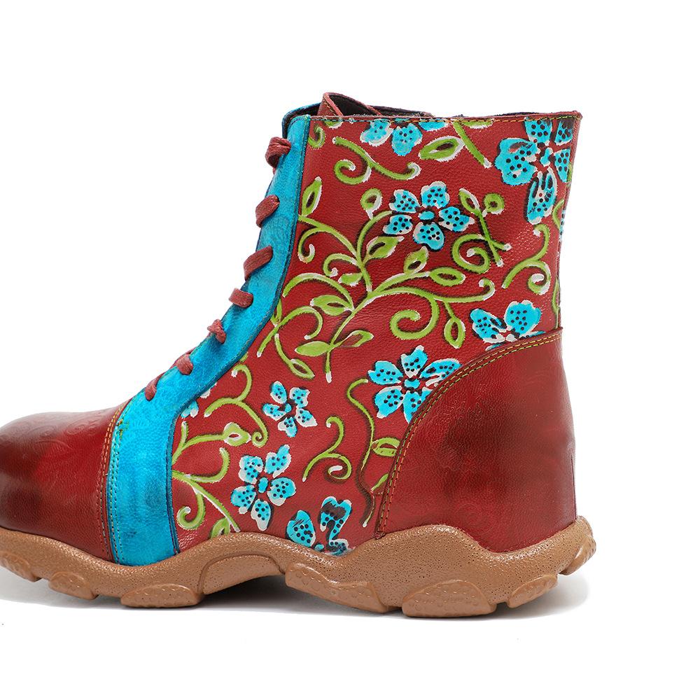 Johnature Damen-Stiefeletten im Ethno-Stil, handgefertigt, aus echtem Leder, mit Kontrastdruck, zum Schnüren, flache Schuhe, kurze Stiefel