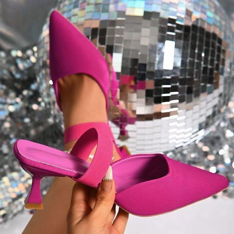 Baotou half slippers women's European, American and foreign style 2025 summer new pointed thin heel high heel cool slippers large size outer wear