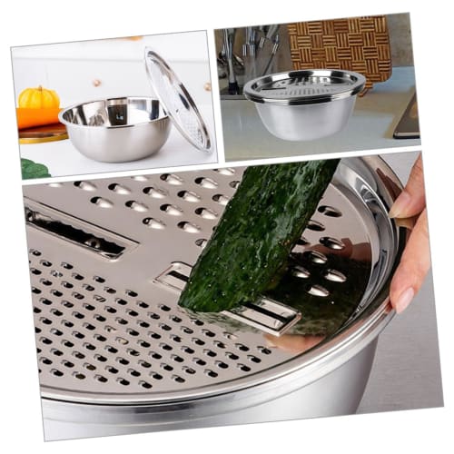 BIUDECO 1-Piece Stainless Steel Grater with Draining and Vegetable Basket, Multifunctional Kitchen Cleaning Bowl, Grater, Clever Slicer, and Colander,