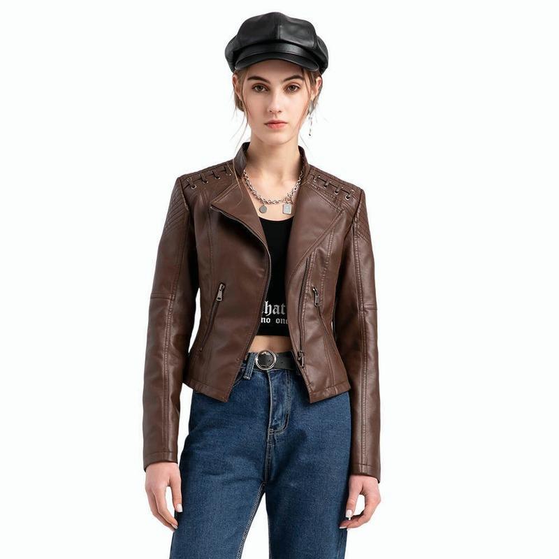 Women Faux Leather Zip Up Bomber Jacket Biker Coat Casual Flight Tops Outwear