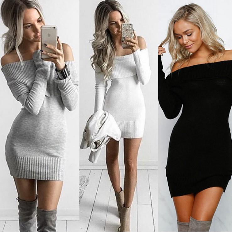 Abito Maglione Sexy A Spalla Scoperta Asimmetrico in Maglia Slim da Donna Autunno Inverno Europeo 2026