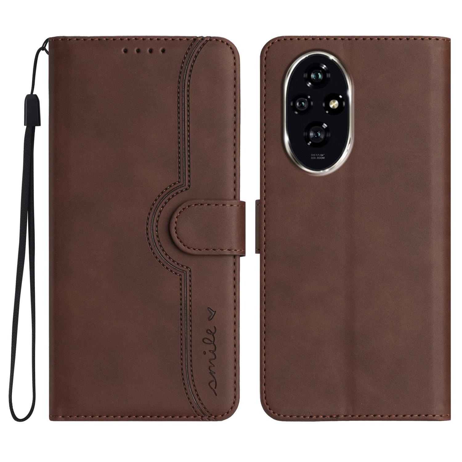 

YX0030 For Honor 200 Pro 5G Case Smile Imprinted Leather Phone Cover with Hand Strap Coffee