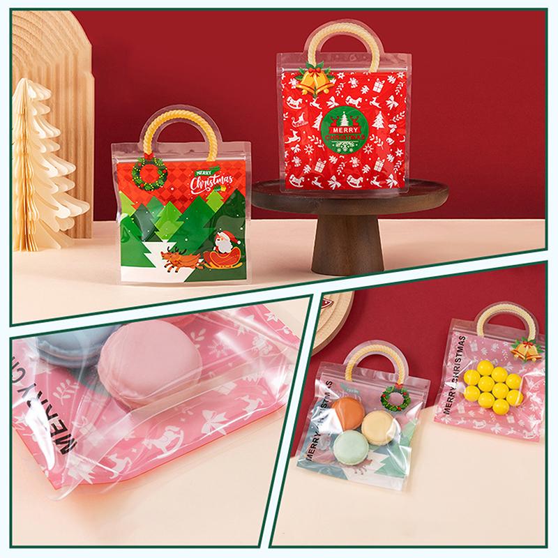 10 Pcs Christmas Candy Bag Biscuit Plastic Handbag Cartoon Elk Snow Man Pattern Christmas Party Packaging Bag Xmas Supplies