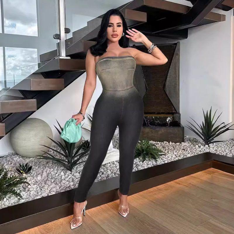 

Cross-Border E-Commerce European and American Women s Fashion Sexy Ins-Style Gradient Tight-Fitting Stretch Denim Jumpsuit Black G0679 S