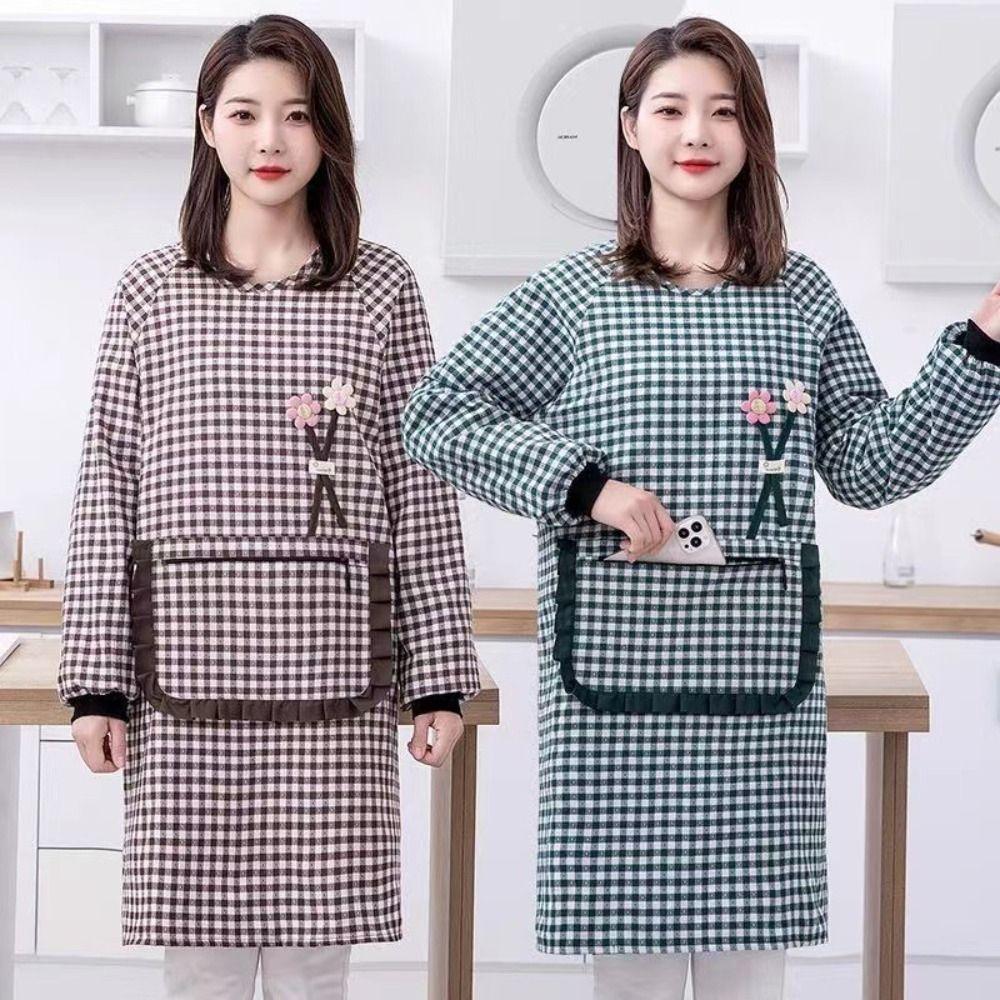 Dirt-resistant Women Long-sleeved Apron Breathable Kitchen Cooking Apron for Catering Work