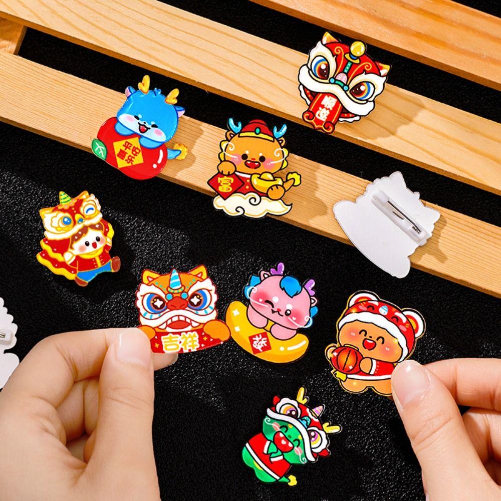 Dancing Lion Acrylic Spring Festival Pin Lucky Chinese Style Pin Cartoon New Year Badge Party